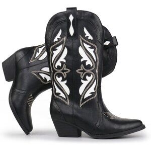 🆕Women's Black Embroidered Pointed Toe  Block Heel Cowgirl Western Booties